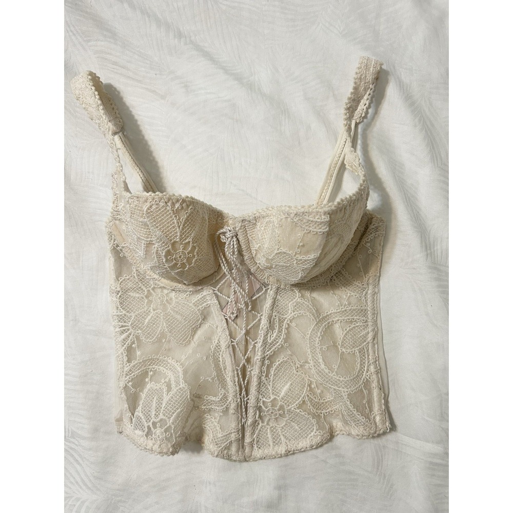 Victoria's Secret Cream Lace Up Bustier Corset Bra Top 34C Coquette Dainty